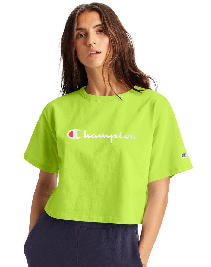 Champion Womens T-Shirt NZ - Heritage Cropped Script Logo Green ( 5230-MSOZK )